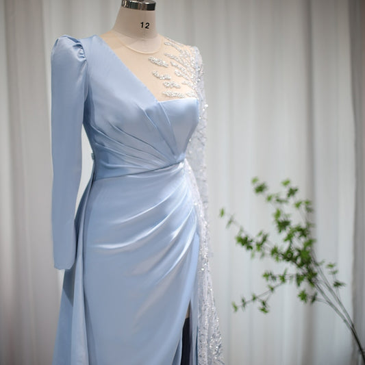 Light Blue Long Sleeve Arabic Evening Dress for Women Wedding Party Elegant Satin Luxury Formal Prom Dresses SS317