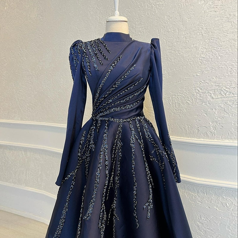 Sharon Said Elegant Navy Blue Muslim Evening Dresses for Women Wedding Guest 2023 Luxury Beaded Dubai Formal Party Gowns SS473