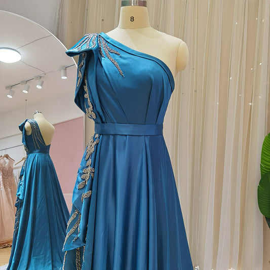 Navy Blue One Shoulder Luxury Dubai Evening Dress for Women Wedding Formal Dresses Side Slit Prom Party Dress