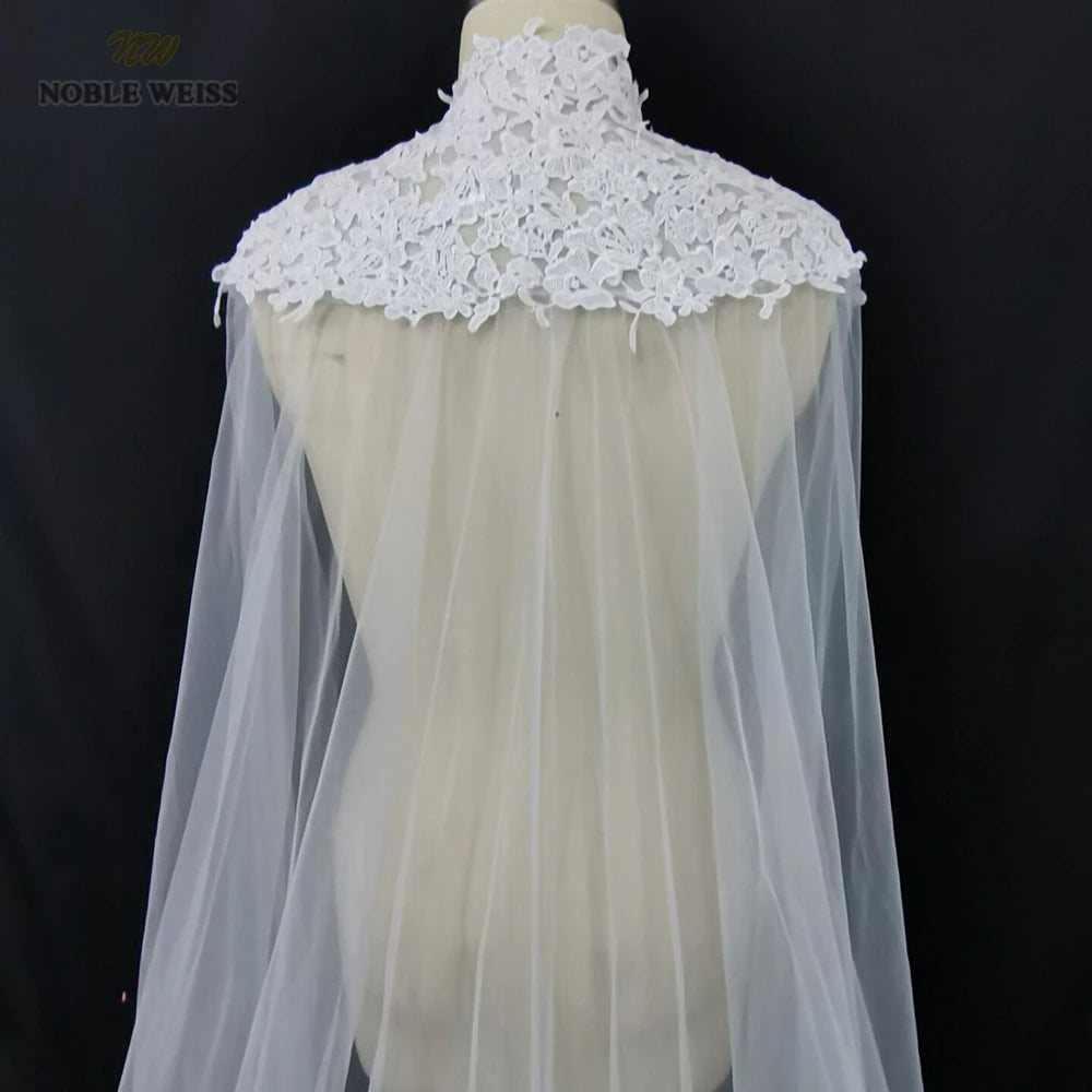 Appliques Tulle Wedding Cape High Neck Long Cloak Cathedral Length Wedding Lace Bridal Accessories