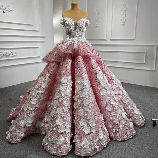 Peach flower applique off the shoulder Elegant Wedding Dress