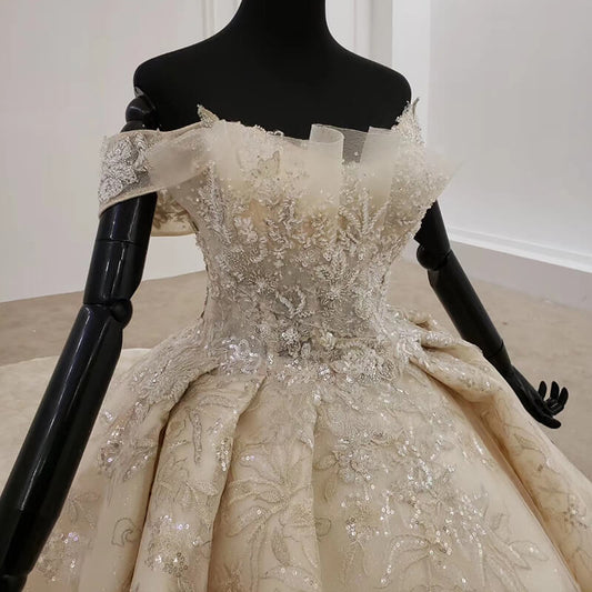 Luxury Champagane off the shoulder ball gown wedding dress