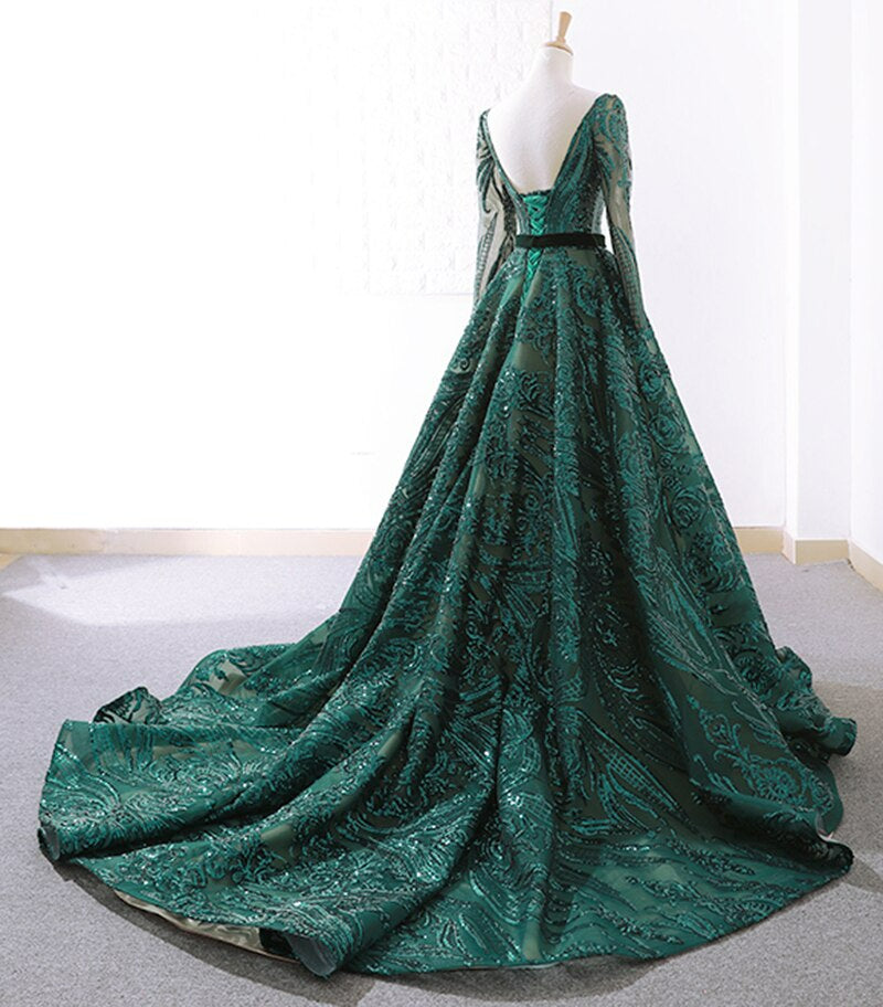 green evening party dress long o-neck dress mother of bride prom dress