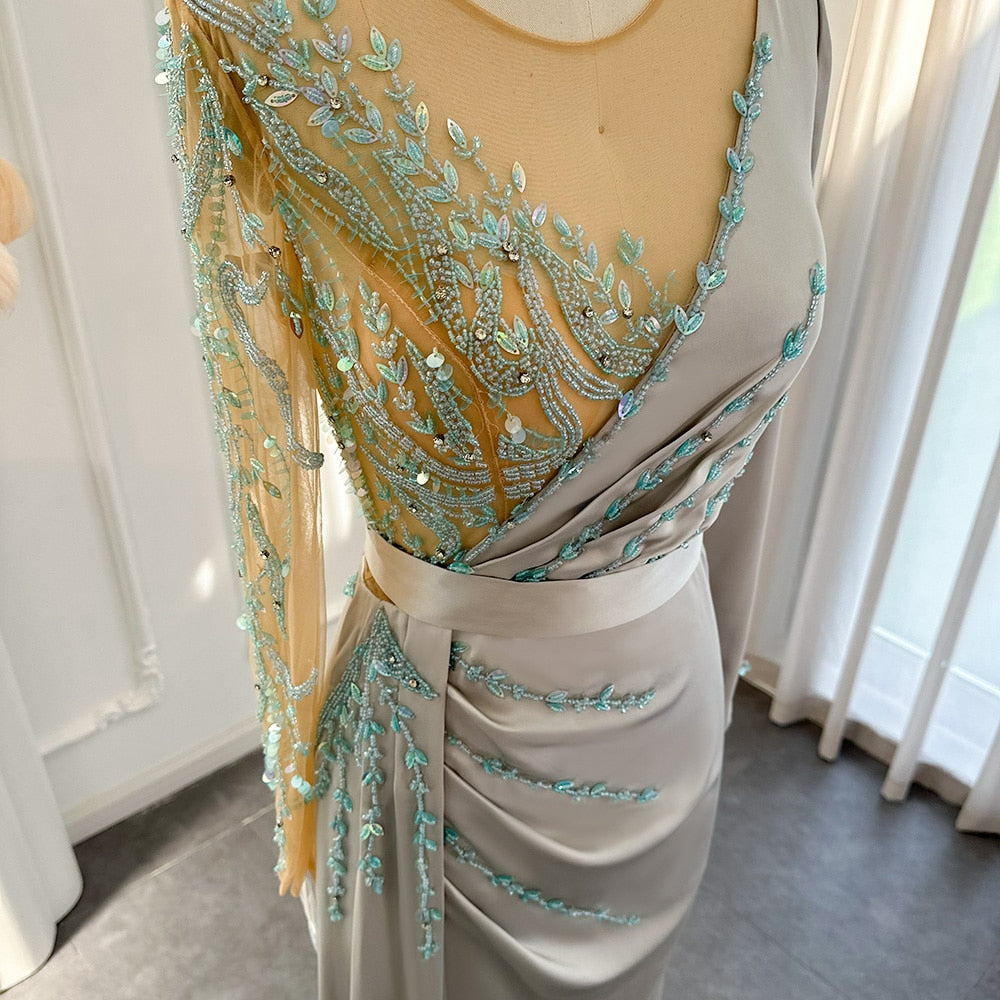 Luxury Dubai Gray Green Satin Mermaid Evening Dress for Women Wedding Party Elegant V-Neck Arabic Formal Dress SS521
