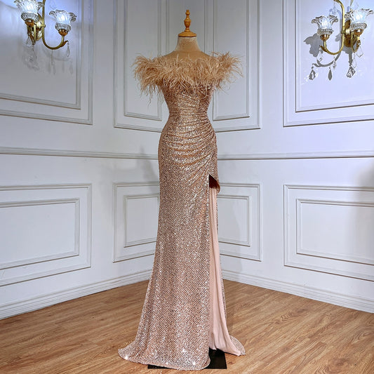 Rose Gold Sexy Mermaid High Split Feathers Formal Luxury Prom Dress For Sexy Girls Graduation Party Gown LA71848