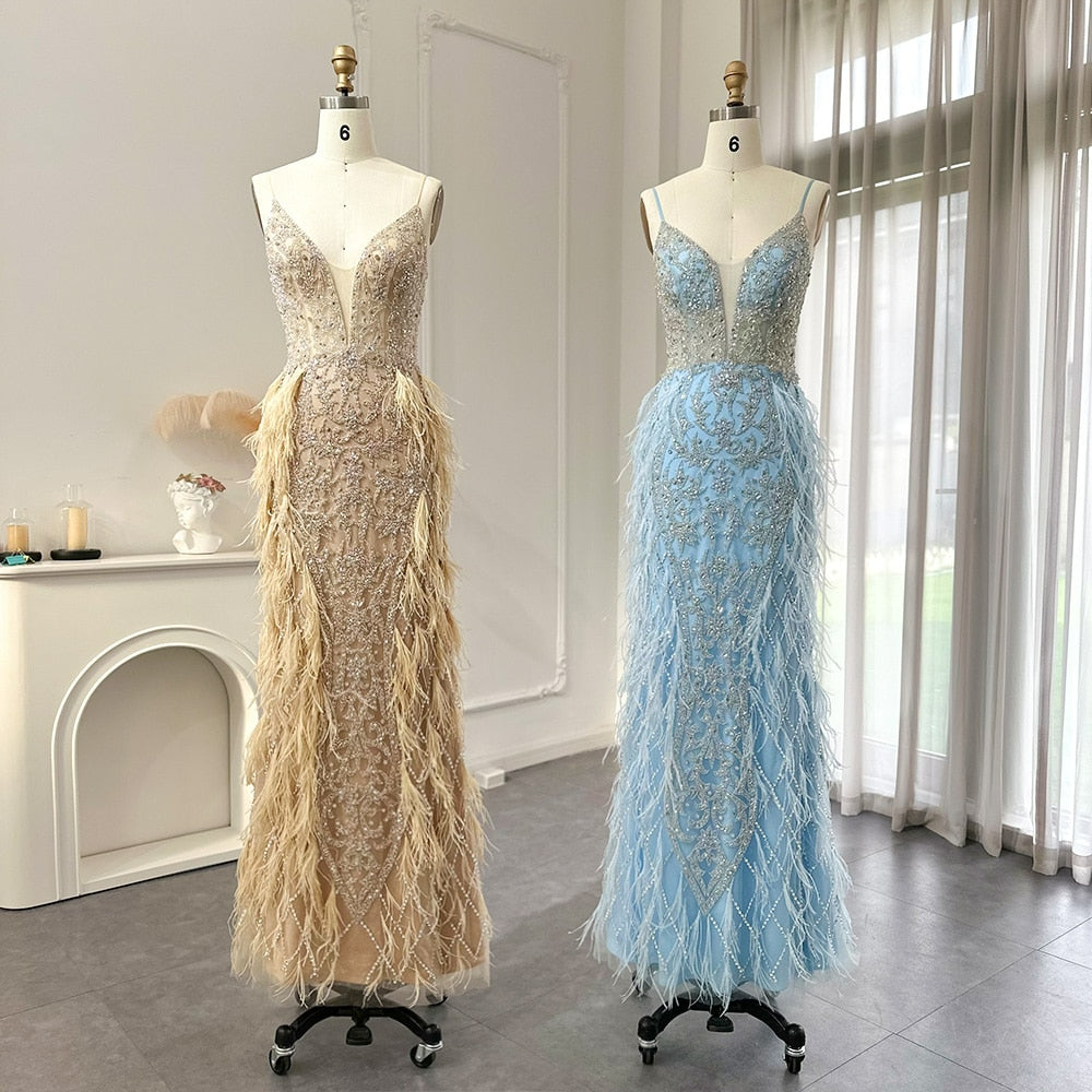 Luxury Feathers Mermaid Champagne Evening Dress Wedding Spaghetti Straps Prom Formal Gowns SS374