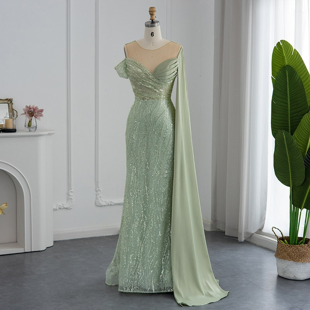 Mint Green Mermaid Luxury Dubai Evening Dress with Cape Sleeve Elegant One Shoulder African Prom Party Dresses RM034