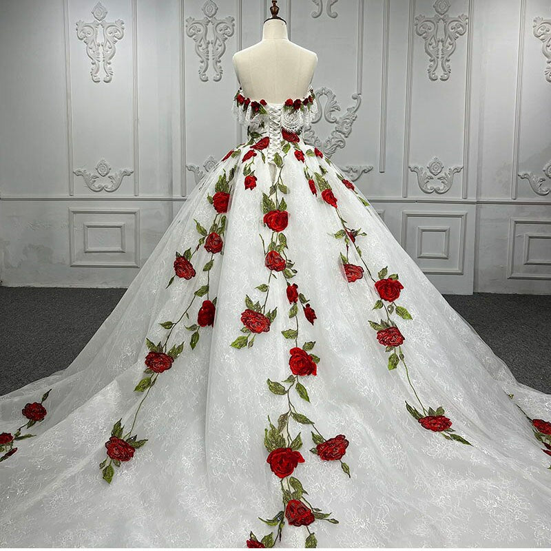 Flower applique ball gown white luxury gala quinceanera wedding evening dress