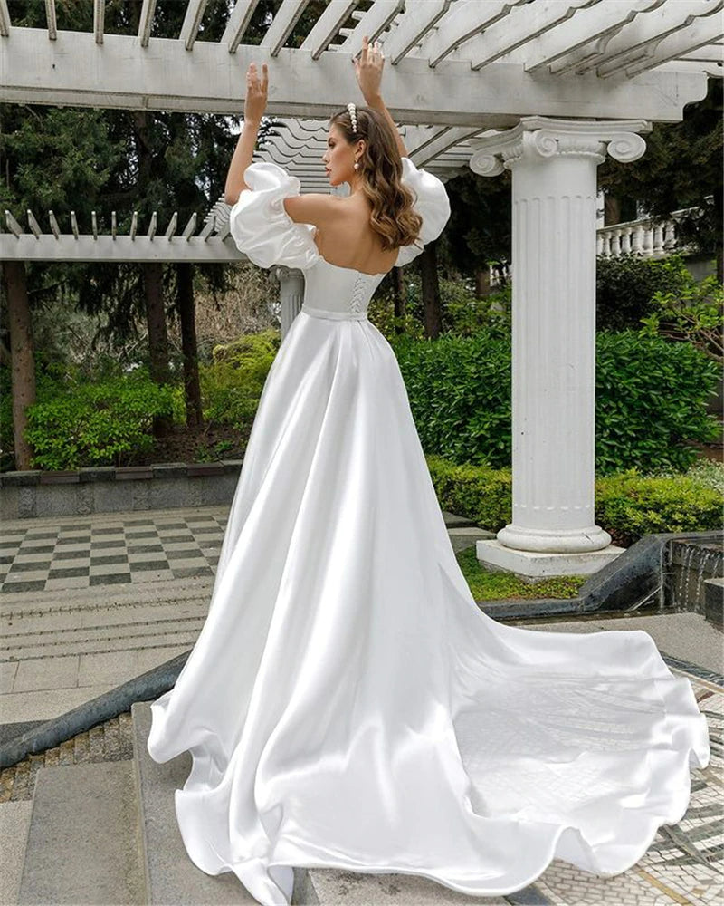 Simple Satin Wedding Dress V-Neck Off the Shoulder Short Sleeves Plus Size  Bride Gowns Classic A-Line Floor Vestidos De Novia - AliExpress