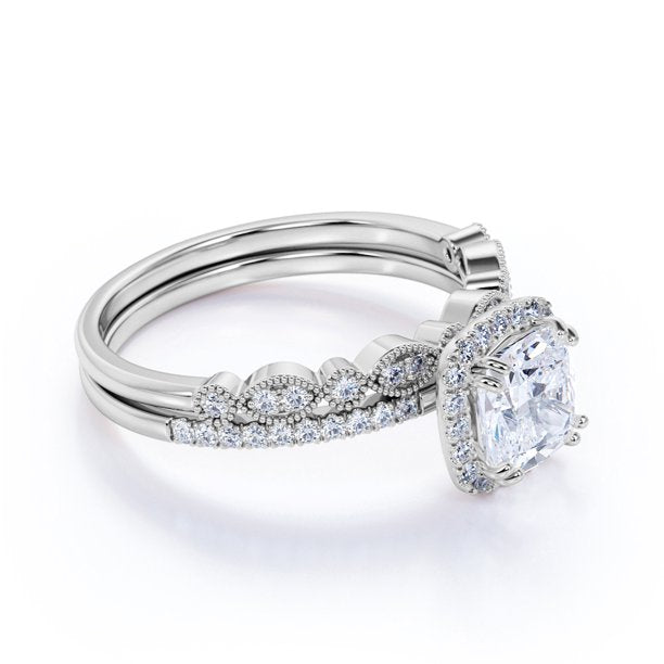 1.5 Carat cushion cut Moissanite and Diamond Halo Vintage Bridal Wedding Ring Set in 10k White Gold