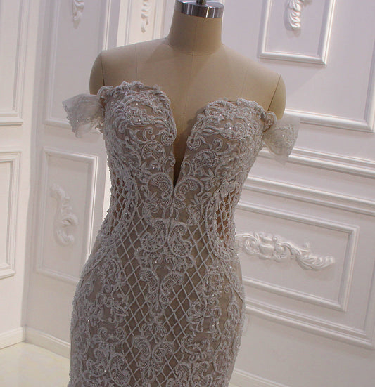 AM592 Off Shoulder Short Sleeve Lace Appliques Champagne Mermaid Wedding Dress