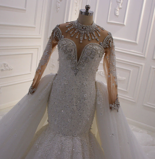 AM594 Long Sleeve Mermaid Crystal Wedding Dress with Detachable Skirt