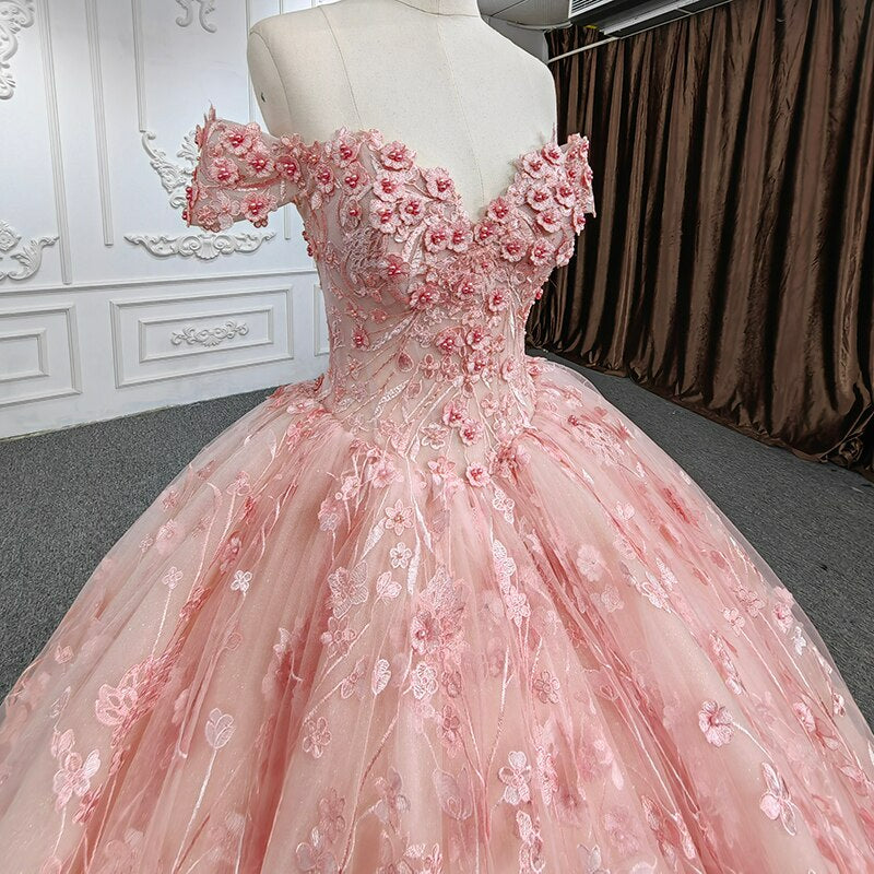 pearl beading 3D flower applique quinceanera evening party gala ball gown dress