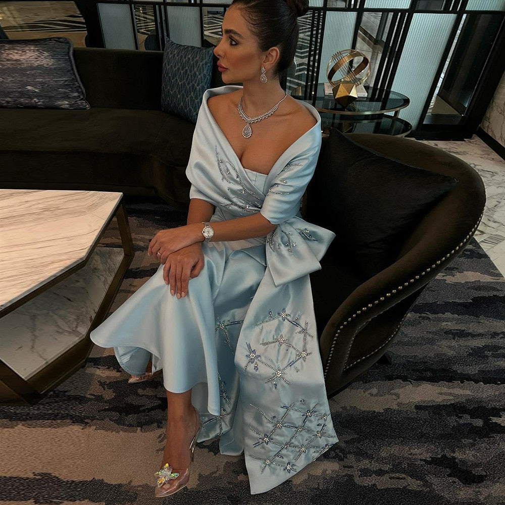 Luxury Dubai Blue Mermaid Arabic Evening Dresses with Cape Shawl Beaded Elegant Women Wedding Guest Party Gown SS333