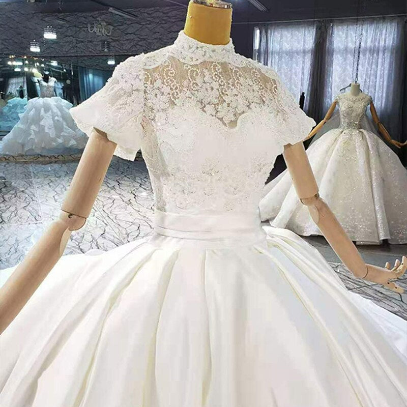 2 in 1 Beaded Satin Crystal Luxury Sequined Wedding Dress