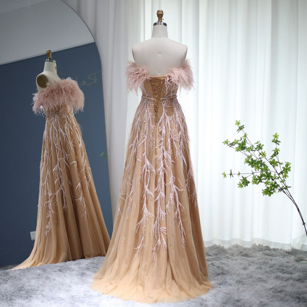 Luxury Feathers Champagne Dubai Evening Dresses for Women Wedding Party Elegant Arabic Long Formal Prom Dress SS446