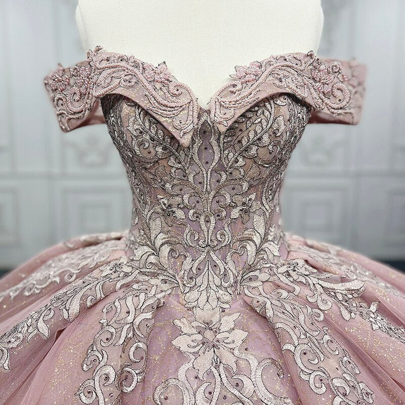 Pink Embroidery Lace Beading Quinceanera Dress