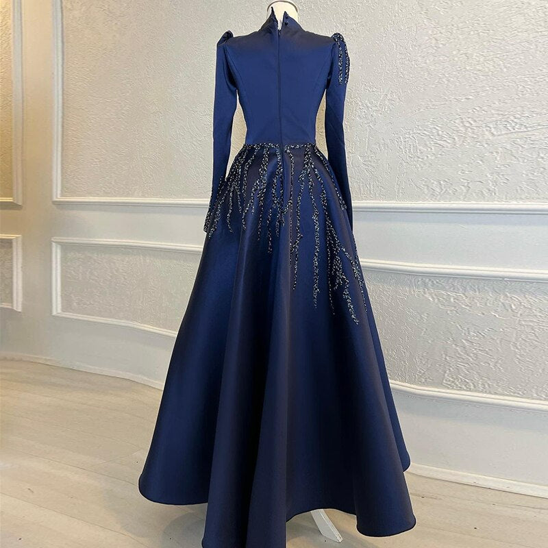 Sharon Said Elegant Navy Blue Muslim Evening Dresses for Women Wedding Guest 2023 Luxury Beaded Dubai Formal Party Gowns SS473