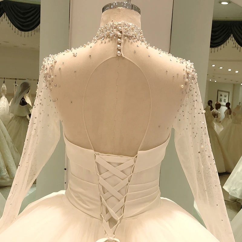elegant white bridal wedding gowns high neck long sleeve ball gown wedding dress  plus size muslim vestidos de noiva