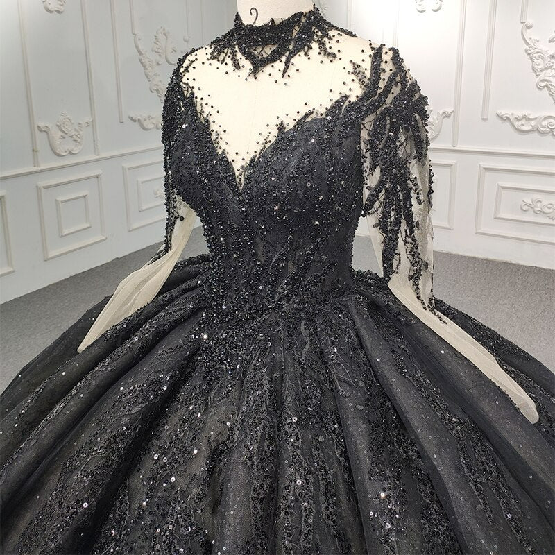 High Neck Heavy Beading Black Ball Gown Luxury Dress