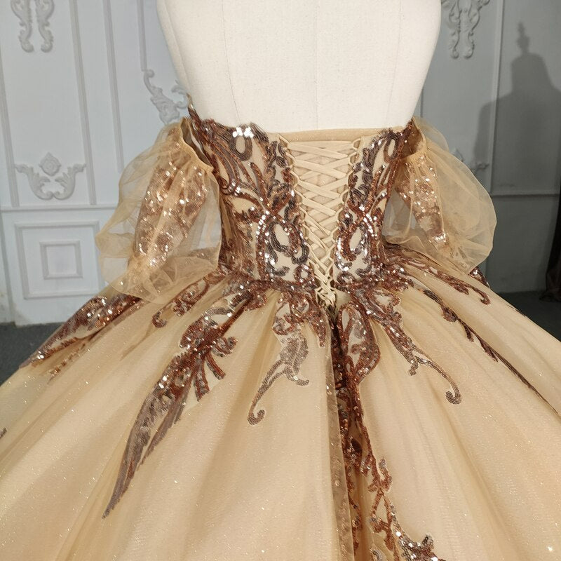 Gold off the shoulder shinny sweetheart neckline quinceanera ball gown dress