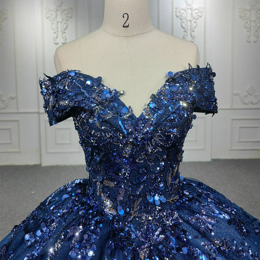 Shiny Navy blue off the shoulder Luxury Ball Gown wedding dress