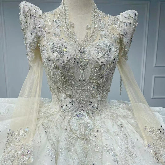Crystal Applique V neck Long SLeeve Glitter Luxurious Plus size wedding dress