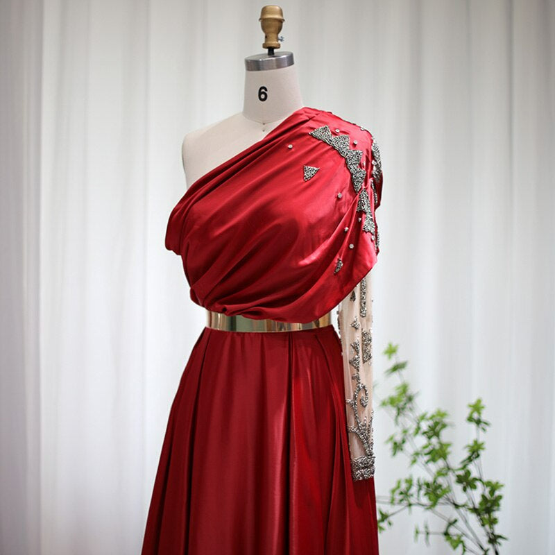 Elegant Burgundy One Shoulder Arabic Evening Dress with Belt Beaded Dubai Women Formal Dresses for Wedding Guest Party SS450