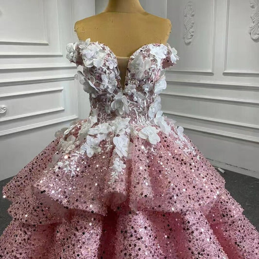 Peach flower applique off the shoulder Elegant Wedding Dress