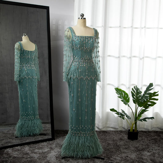 Turquoise Mermaid Elegant Evening Dresses Gowns Luxury Beaded Feather For Women Party LA71722