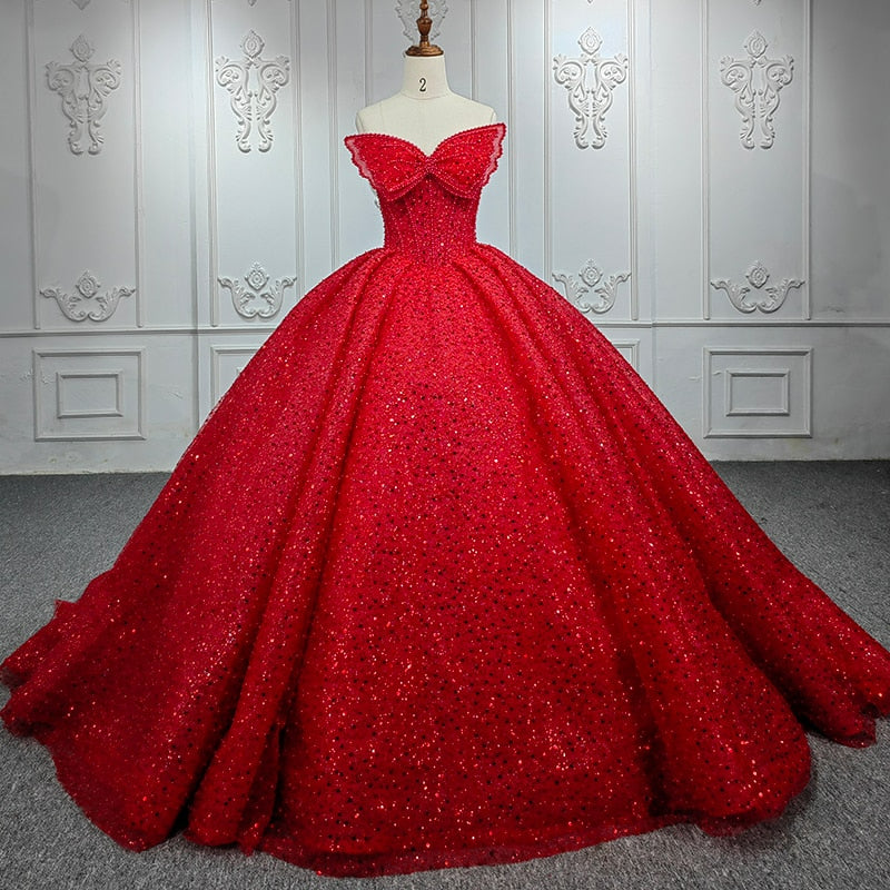 Red flower shiny sequined ball gown luxury shimmery quinceanera gala prom evening wedding dress