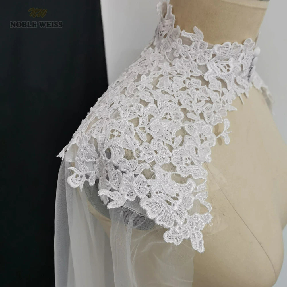 Appliques Tulle Wedding Cape High Neck Long Cloak Cathedral Length Wedding Lace Bridal Accessories