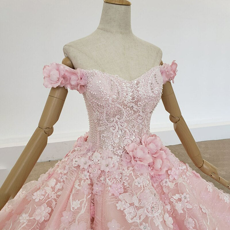 Pink flower applique luxury color wedding dress