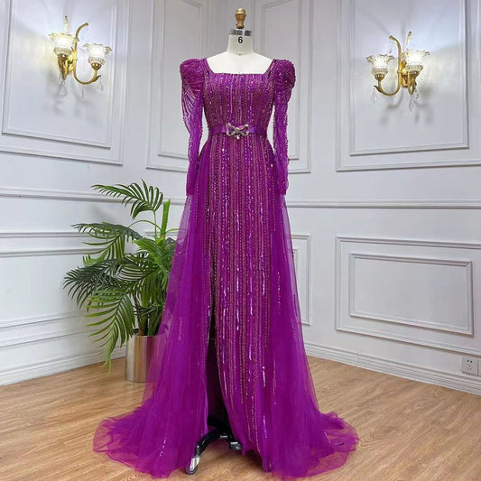 Luxury Dubai Fuchsia Evening Dresses for Women Wedding Long Sleeve Overskirt Arabic Formal Party LA71678