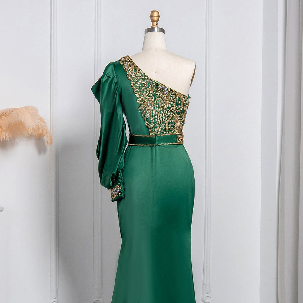 Elegant Emerald Green Mermaid One Shoulder Evening Dress Luxury Dubai Beaded Wedding Prom Formal Dresses SS220