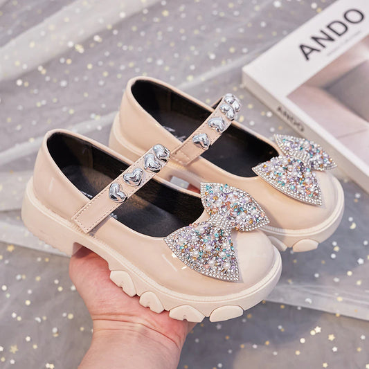 Girls Mary Jane Shoes New Girls Beige Shoes Princess flower girl shoes Baby Kindergarten Dress Lace Bowknot Pearl Performance Single Shoes