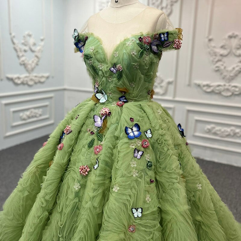 Green Butterfly applique princes fairy ball gown dress