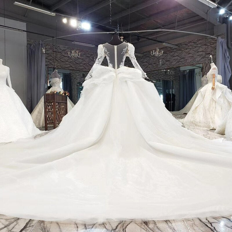 White Lvory Romantic Wedding Dress Custom Made  Long Sleeve O-Neck Sequined Ball Gown vestido de novia barato
