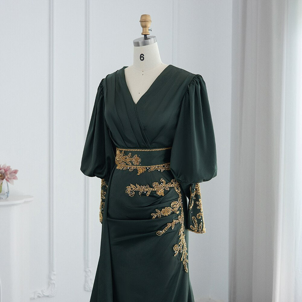 Elegant Emerald Green Muslim Evening Dress for Women Wedding Long Sleeve Luxury Dubai Beaded Formal Dresses SS437