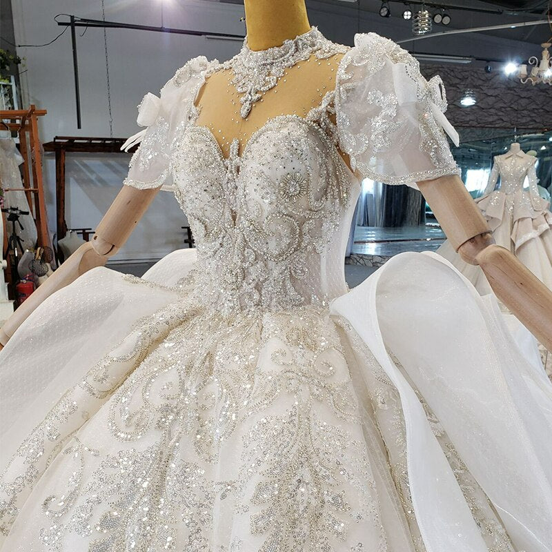 Short Sleeve Luxury Couture Shinny Crystal Beaded Wedding Dress – AiSO  BRiDAL