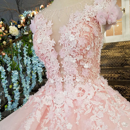 Flowers applique Pink Evening quinceanera prom Dress
