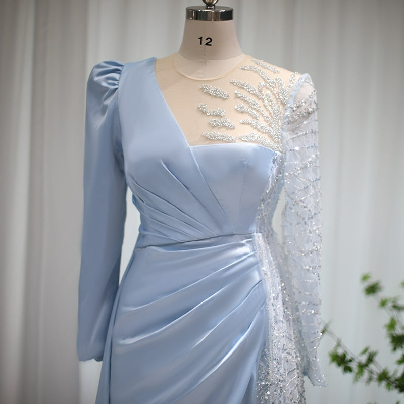 Light Blue Long Sleeve Arabic Evening Dress for Women Wedding Party Elegant Satin Luxury Formal Prom Dresses SS317