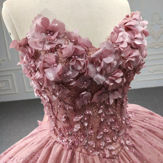 Quinceanera peach 3D flower applique ball gown off the shoulder dress