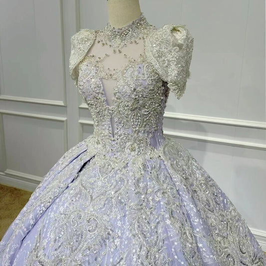 short sleeve blue shiny shimmery blue custom made wedding dress