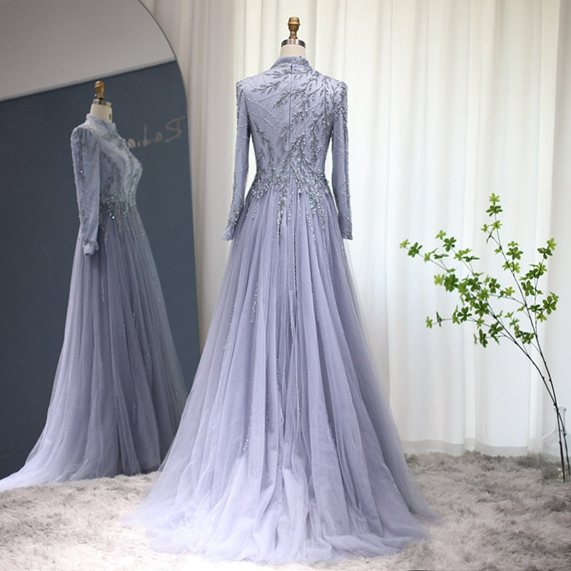 Dubai Grey Blue Muslim Evening Dress Long Sleeve Elegant Women Arabic Formal Dresses for Wedding Party SS506