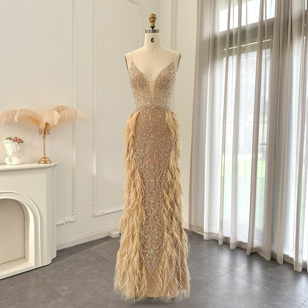 Luxury Feathers Mermaid Champagne Evening Dress Wedding Spaghetti Straps Prom Formal Gowns SS374