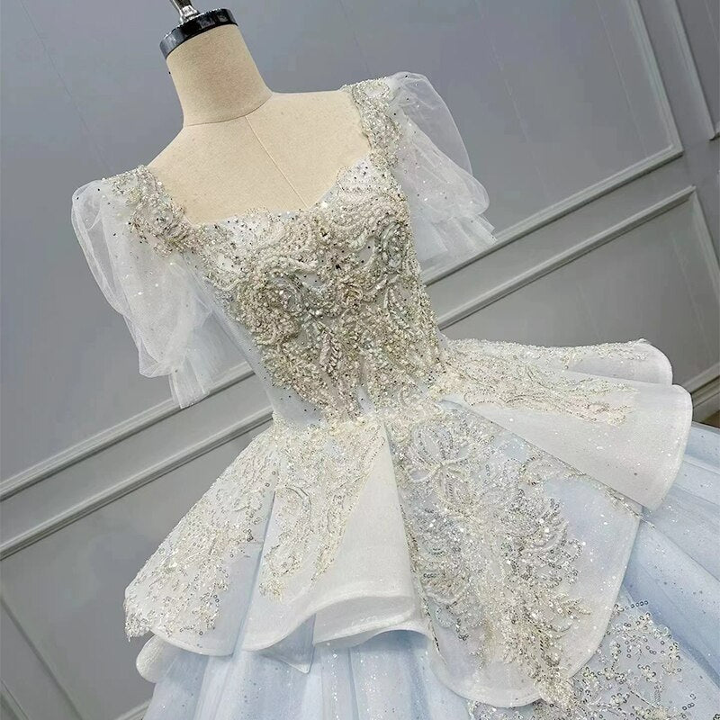 Blue short sleeve ball gown long train royal wedding dress