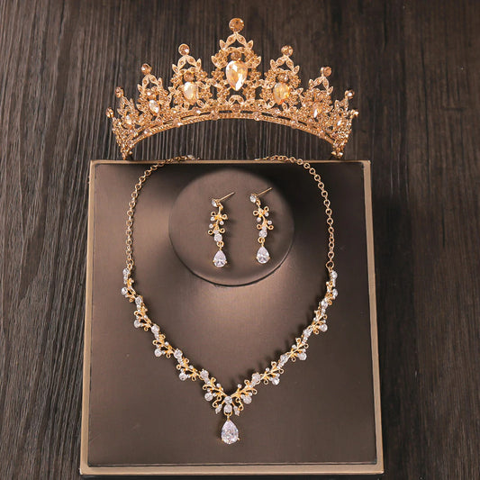 Baroque Bridal Jewelry Sets Rhinestone Crystal Tiara Crown Earrings Necklace Wedding Bride Luxury Jewelry Set Party Gift