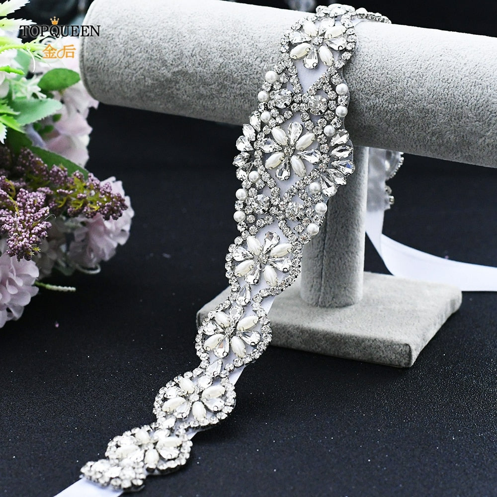 S161 Bridal Belts Bling Wedding Women Jewelry Silver Rhinestone Pearl Crystal Sparkly Party Formal Dress Diamond Sash