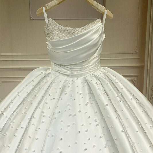 Sleeveless Satin Full Pearl Beaded Ball Gown Luxury Couture Affordable Wedding Dress